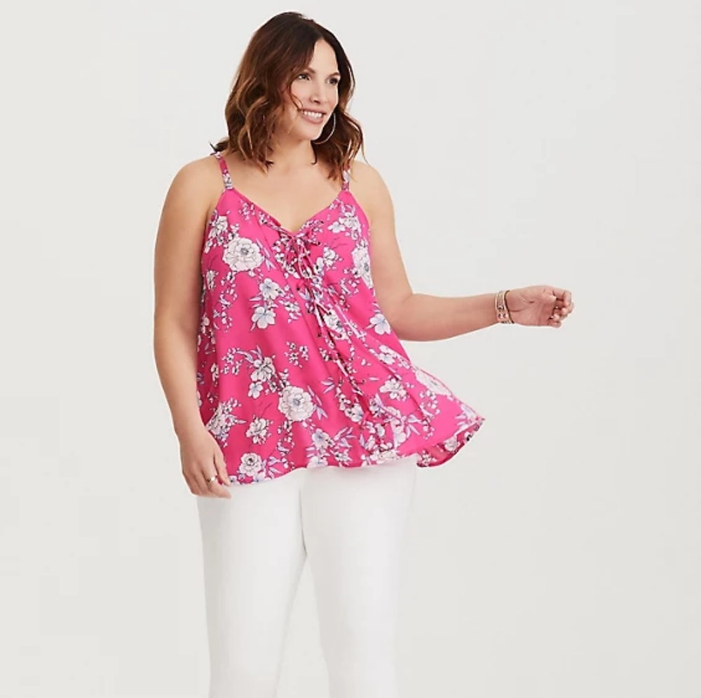 Torrid SOPHIE PINK FLORAL LACE-UP SWING CAMI 2x